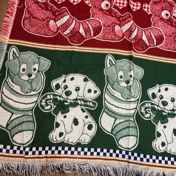 American Weavers Throw Blanket Tapestry Puppy Teddy Stockings USA Holiday VTG - Picture 7 of 7